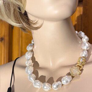 Baroque Pearls (Faux) Necklace With Side Panther Macro Pave Clasp, and Earrings,